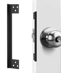 Heavy Duty 7 Inch Outswing Door Latch Guard Plate Matte Black Stainless Steel Security Shield shown on door next to knob.