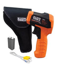 Infrared Thermometer Gun With Dual Laser Targeting For Easy Readouts And 20 To 1 Distance To Spot From Minus Forty To Twelve Hundred Fahrenheit And K Type Probe Built For Worksite Pro And Home Use, shown with case and accessories.