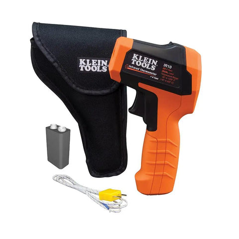 Infrared Thermometer Gun With Dual Laser Targeting For Easy Readouts And 20 To 1 Distance To Spot From Minus Forty To Twelve Hundred Fahrenheit And K Type Probe Built For Worksite Pro And Home Use, shown with case and accessories.