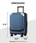 Dimensions of Grace Expandable 20 Inch Carry On Hard Shell Luggage With Spinner Wheels Airline Approved Blue TSA Lock Front Laptop Compartment.