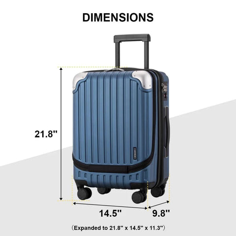 Dimensions of Grace Expandable 20 Inch Carry On Hard Shell Luggage With Spinner Wheels Airline Approved Blue TSA Lock Front Laptop Compartment.