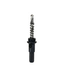 Hole cutter drill bit, black bi-metal with spiral teeth and threaded shank (close-up)