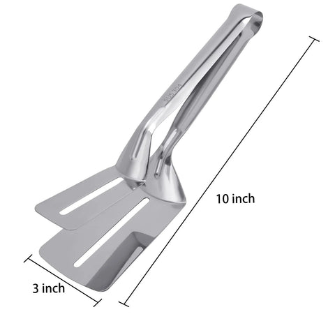 Multifunction 11 Inch Premium Stainless Steel Tongs 3 In 1 Gripper Flip And Scraper For Grilling, shown in size dimensions.