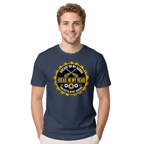 Fresh Fit American Made Cotton DIY Engineer Shirt For Your Next Garage Haul With Grease Hands And Gear Doodle Graphic Tee Gift For Makers on model wearing navy blue cotton tee.
