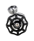 Close-up of large multi turn handwheel on Frost Free Sillcock Hose Bibb, 12 Inch Length, Half Inch MIP To Three Quarter Inch Hose Thread, Chrome Plated Brass Body