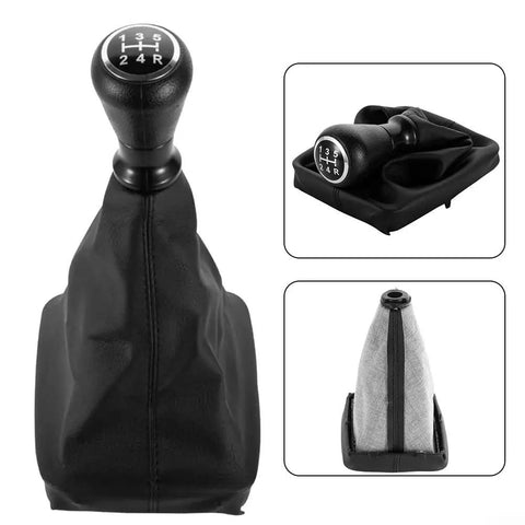 Upgrade Your Ride With This Sleek Black Manual Transmission Gear Shift Knob And Boot Replacement Kit For Peugeot 206 And 406 Models Featuring An Ergonomic Curved Design That Delivers A Grippy, Non-Slip Feel Perfect For Drifting Or Daily Cruising. Black manual shift knob and boot kit for Peugeot 206/406, front and angled views