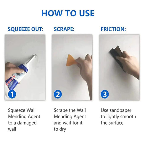 Step-by-step guide for using the Pro Grade Drywall Repair Kit With Scraper And Mending Agent, Wall Patch Kit For Cracks And Holes.