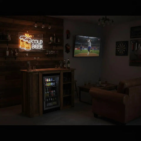Cold Beer Neon Sign For Pub And Home Bar 12V LED Neon With Flexible PET Backboard in a cozy man cave.