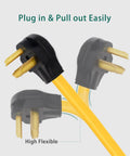 Beefed Up 50 Foot 30 Amp NEMA 14-30 EV And Dryer Extension Cord plug close-up, flexible design for easy use
