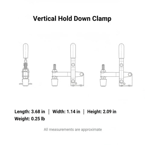 Diagram of Vertical Hold Down Clamp With Quick Action Toggle For Woodworking And Assembly On A Rock Solid Galvanized Iron Workbench.