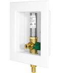 Preassembled Pex Ice Maker Outlet Box With One Half Inch Crimp Inlet And Quarter Turn Ball Valve White Finish With Stainless Steel Hammer Arrestor No Extra Framing Needed For Quick Plug And Play Ice Machine Hookup