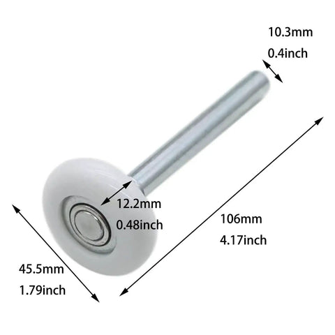 Two Pack 1.8 Inch White Nylon Garage Door Roller With Silent Ball Bearings For No Squeak Quiet Smooth Operation On Wooden Automatic Gates And Gate Guides Easy Install For Replacement Of Worn Rollers In Garage Or Gate Systems, shown with dimensions