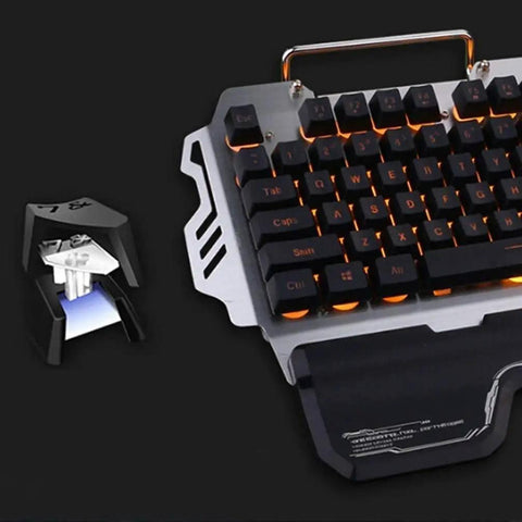 Straight Up Solid Wired Keyboard And Mouse Combo Featuring Backlit Retro Keycaps And Hella Responsive Floating Switches on a sleek metal panel
