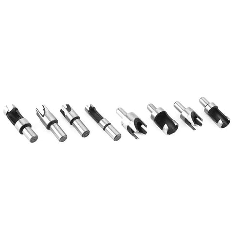 Top Shelf Four Piece Wooden Plug Cutter Set Forged From Heavy Duty High Carbon Steel For Knockout Countersink Plugs In 6Mm 10Mm 13Mm And 16Mm Sizes close-up of cutting bits showing varying sizes and designs.