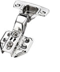 Close-up of a stainless steel cabinet door hinge with hydraulic damper for smooth soft close, includes screws for easy home upgrades.