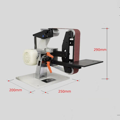 Heavy Hitter Brushless Electric Belt Sander And Knife Sharpener With Adjustable Speed Rugged Steel Frame displayed with dimensions.