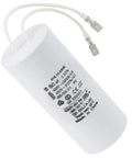 Universal Replacement Capacitor for Global Hydraulics Auto Lift Power Units, white cylindrical motor capacitor with wires visible