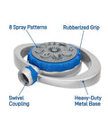 Metal 8 Pattern Turret Sprinkler With Adjustable Spray And Weighted Base For Stable Watering Covers Up To 35 Feet Durable Metal Construction With Eight Spray Patterns For Lawn Or Garden, showing labeled details like 8 Spray Patterns, Rubberized Grip, Swivel Coupling, and Heavy-Duty Metal Base.