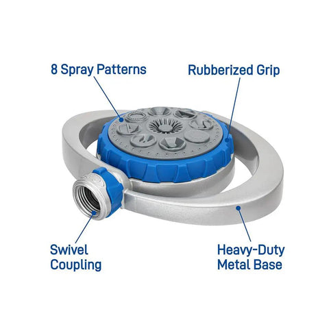Metal 8 Pattern Turret Sprinkler With Adjustable Spray And Weighted Base For Stable Watering Covers Up To 35 Feet Durable Metal Construction With Eight Spray Patterns For Lawn Or Garden, showing labeled details like 8 Spray Patterns, Rubberized Grip, Swivel Coupling, and Heavy-Duty Metal Base.