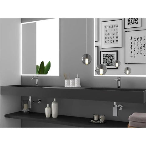 Top Shelf 84 Inch Wall Mounted Bathroom Sink In Matte Black Manmade Stone Basin With Hella Durable Finish And Easy Clean Setup For Your Sick Master Bath Reno Makeover Project in modern bathroom with stylish decor and pendant lighting.
