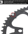 Close-up of 110 BCD Aluminum Bike Chainring Set With Pin 5 Bolt Double Round showing irregular teeth and chain pick-up pin detail.