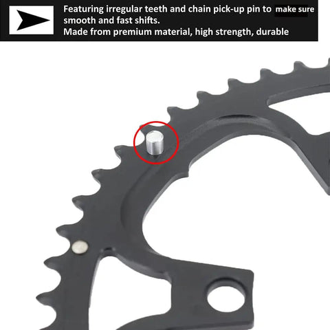 Close-up of 110 BCD Aluminum Bike Chainring Set With Pin 5 Bolt Double Round showing irregular teeth and chain pick-up pin detail.