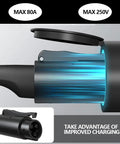 Top Tier Nacs To J1772 Ev Charging Adapter With 80 Amp Max And 250 Volt Rating showing connector with blue illumination and specifications.