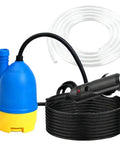 Badass 12V Self Priming Submersible Water Pump With Hose Kit, blue and yellow pump, included hose, suitable for heavy-duty drainage.