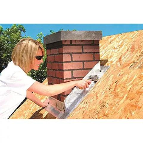 Heavy Duty Self Stick Roll Roofing Gray Waterproof Peel and Seal Tape for RV Trailer Homes Low Slope Pitch Roofs applied around a chimney.