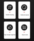 Icons describing features of Premium Focket Electrical Wire Threader Fish Tape Kit. Highlights flexible threading, preferred material, durability, and ease of use.