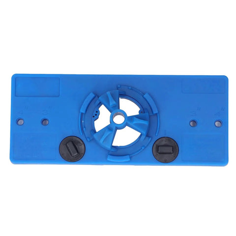 Premium 35mm Hinge Hole Saw Jig Kit For Woodworking Pros That Sets Cup And Screw Holes In One Go With Adjustable Depth visible from above.