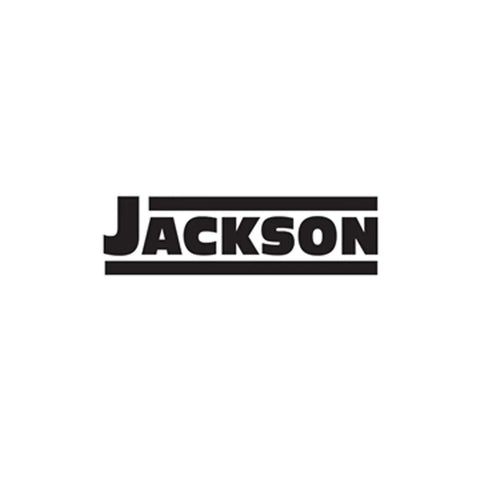 Logo of Jackson, bold black text with lines above and below on white background.