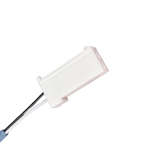 Coil Temperature Sensor 74 Inch Blue With 2 Pin Connector 337-60406-02 angled view of white connector and blue sheath