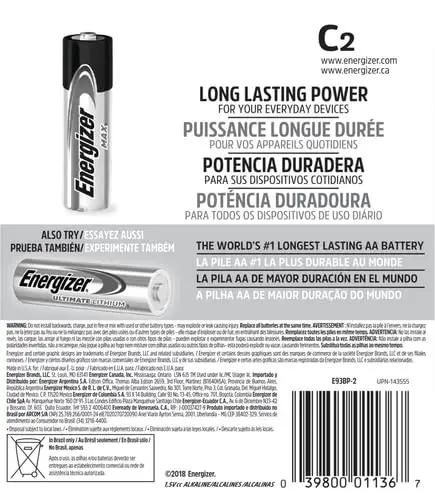 Heavy Duty Max C Alkaline Batteries Two Pack with labels showing longevity for high drain electronics.