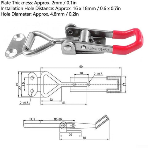 Stainless Steel Adjustable Toggle Clamp Gh-4001-SS with Quick Release, side view showing red grip and dimensions diagram.