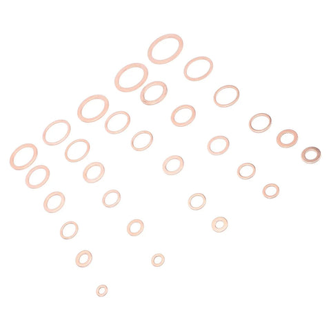 568 Piece Copper Washers Set With 30 Sizes M5 To M28 for oil drain plugs and gasket seals displayed on white background