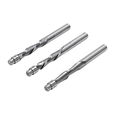 Top Tier 1/4 Inch Flush Trim Router Bit Set With Tungsten Steel Down Spiral Cutting Edge For Professional Woodworking CNC Machines And Exact Finish Cuts On Hardwood Projects Today - three router bits with down spiral design.