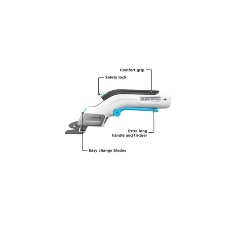 Black And Decker 4V Max Cordless Electric Fabric Craft Scissors With Usb Rechargeable Battery showing comfort grip and safety lock features.