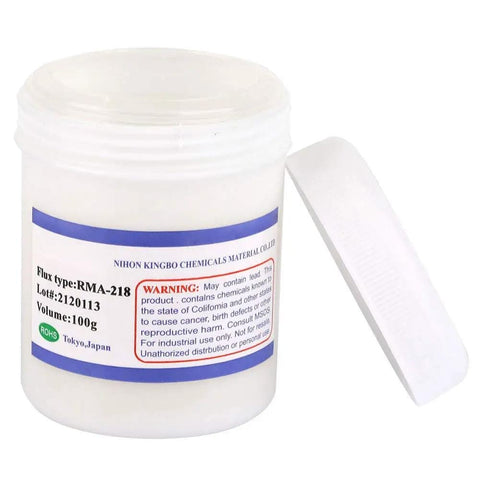 Jar of RMA 218 Flux Paste for BGA Reballing and Soldering, Pro Grade High Performance Solder Paste, open lid, label detail