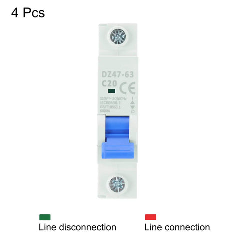 Front view of Four Pack 1P 20A 110V Miniature Circuit Breaker DZ47-63 DIN Rail Mount Disconnect Switch with blue lever.