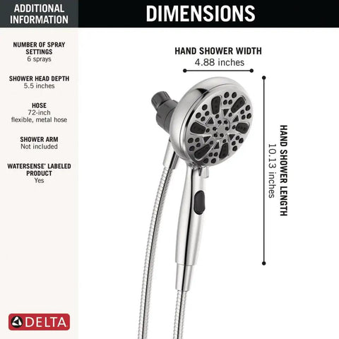 Six Spray SureDock Magnetic Shower Head With Handheld Spray Chrome Finish Shower Head And Hose MagnaTite Docking For Boss Water Pressure And Full Body Massage Modes