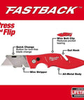 Diagram of Fastback Press And Flip utility knife with belt clip, wire stripper, and gut hook, showcasing its features and red design.