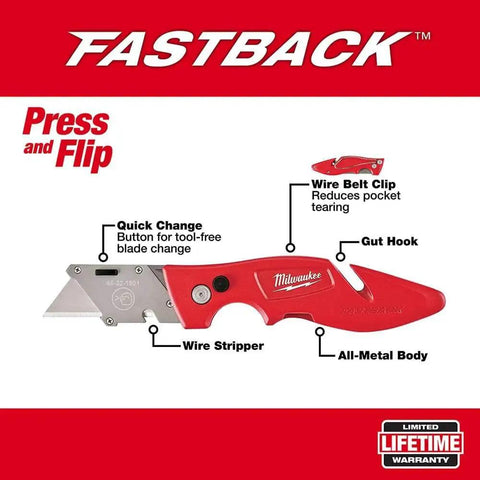 Diagram of Fastback Press And Flip utility knife with belt clip, wire stripper, and gut hook, showcasing its features and red design.