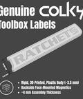 Magnetic Toolbox Label Set With 12 Prelabeled Organizers Silver Edition for drawers, featuring "RATCHETS" label.