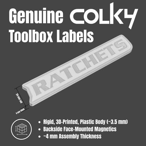 Magnetic Toolbox Label Set With 12 Prelabeled Organizers Silver Edition for drawers, featuring "RATCHETS" label.