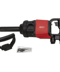 Heavy Duty 1 Inch Drive Pneumatic Impact Wrench With Extended 7.6 Inch Shank For Deep Rim Access Pinless Clutch 20 Inch Tool Length Red Finish Half Inch Air Inlet Half Inch Hose One Year Warranty, red and black with side handle