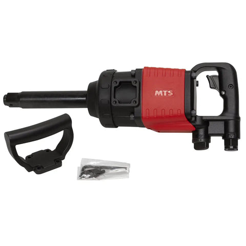 Heavy Duty 1 Inch Drive Pneumatic Impact Wrench With Extended 7.6 Inch Shank For Deep Rim Access Pinless Clutch 20 Inch Tool Length Red Finish Half Inch Air Inlet Half Inch Hose One Year Warranty, red and black with side handle