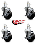 Set of 4 hard rubber swivel grip ring stem casters with 3.5 inch by 1.25 inch black wheels and 7/16 inch stems with brakes.