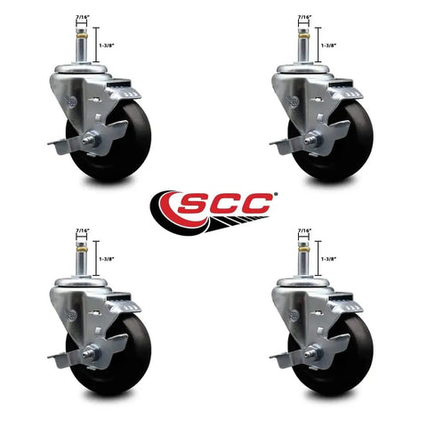 Set of 4 hard rubber swivel grip ring stem casters with 3.5 inch by 1.25 inch black wheels and 7/16 inch stems with brakes.