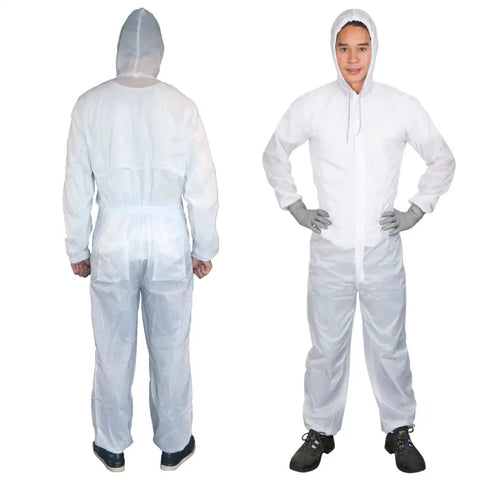 Fresh White Nylon Spray Paint Coveralls With Kickback Ready Lint Free Construction And Lowkey Comfortable Fit For Auto Body Shop Refinishing Industrial Painter Wardrobe And Serious Overspray Defense in front and back view.